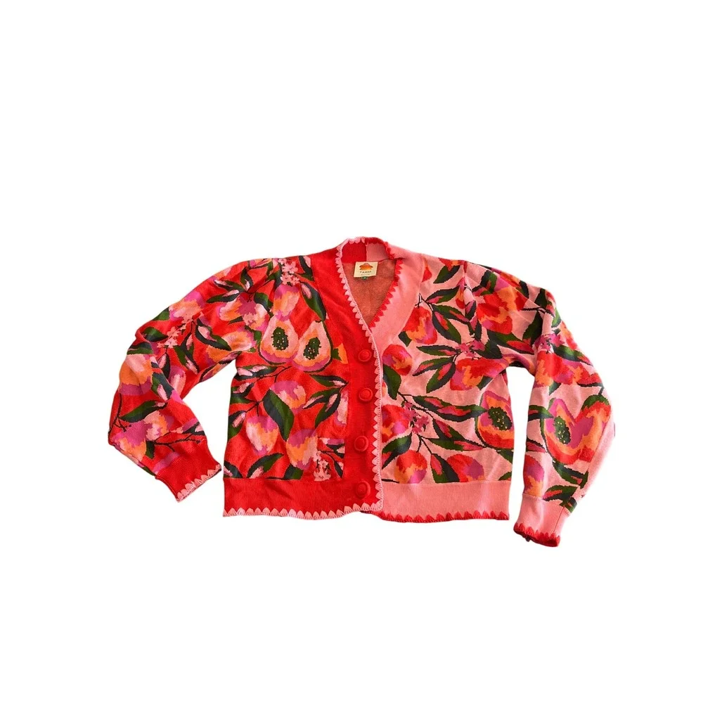 Farm Rio Red Pink Tropical Papaya Floral Knit Scalloped Cardigan Sweater Medium - Picture 1 of 6